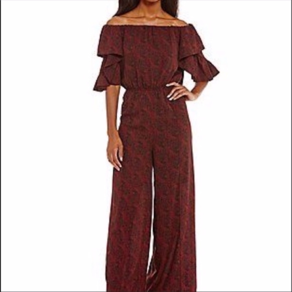 Gibson Latimer Burgundy Off the Shoulder Jumpsuit
